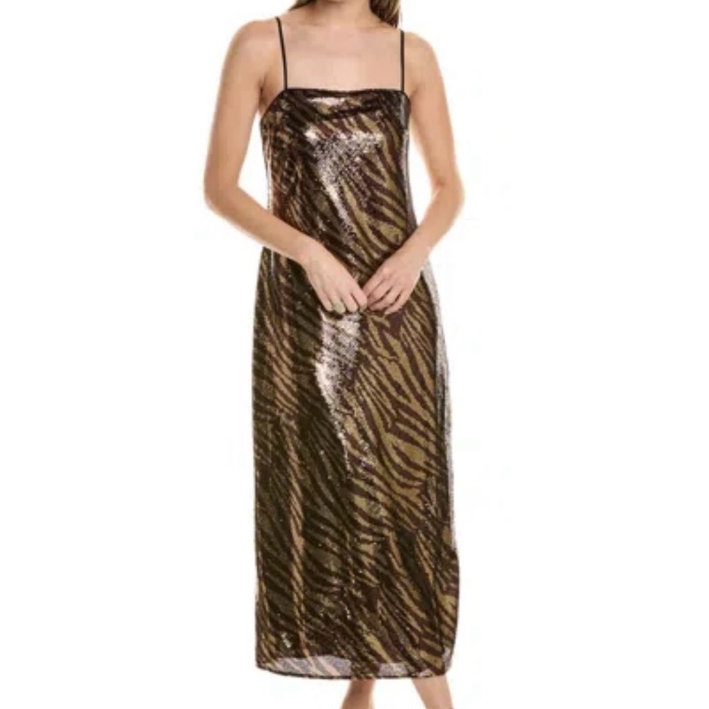 AllSaints Metallic Brown Zebra-Print Sequin Maxi Slip Dress